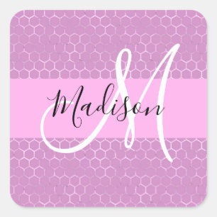 Glam Lila Metallic Pink Honeycomb Monogram Naam Vierkante Sticker