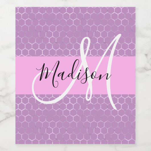 Glam Lila Metallic Pink Honeycomb Monogram Naam Wijn Etiket (Enkel label)