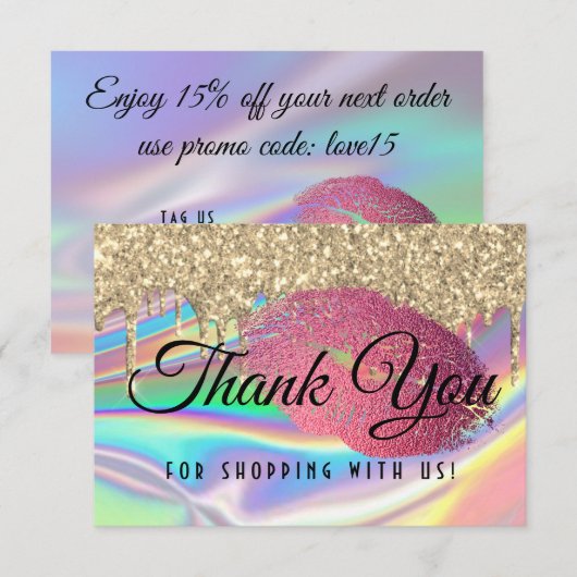 Glam Lips Glitter Drijft faux Holographic Rainbow Bedankkaart (Voorkant / Achterkant)