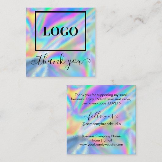 Glam Logo Faux Holographic Bedankt Vierkante Visitekaartje (Voorkant / Achterkant)
