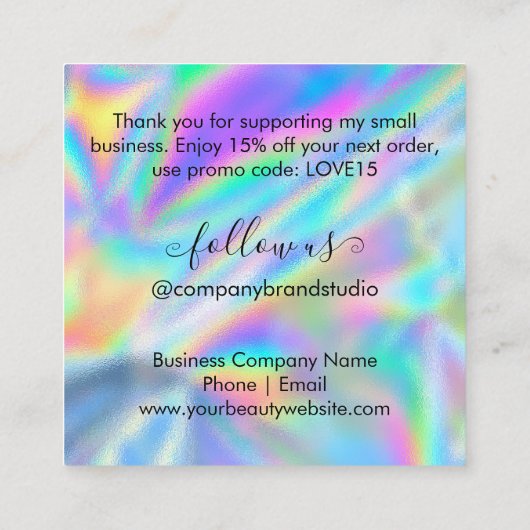 Glam Logo Faux Holographic Bedankt Vierkante Visitekaartje (Achterkant)
