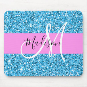 Glam luchtblauw roze glitters glinsterende naam mo muismat