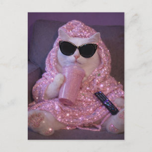 Glam luie kat in zonnebril met glinsterende dra Briefkaart