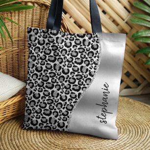 Glam Luipaard Vlekken Zwart Zilver Metallic Naam Tote Bag