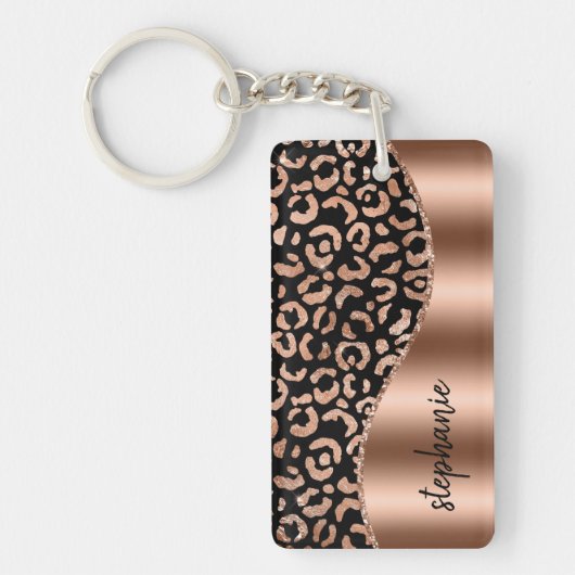 Glam Luipaardspikkels Rose Goud Zwart Metallic Naa Sleutelhanger (Voorkant)