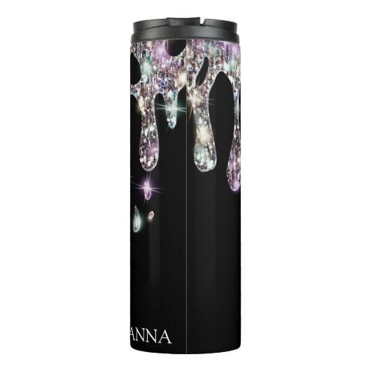 *~* Glam Luxe Girly Drip Rainbow GLITTER Black Thermosbeker (Achterkant)