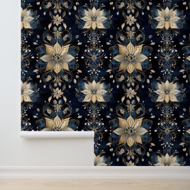 Glam Luxe Navy Goud Bloem Behang (Applicatie)