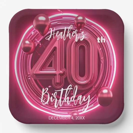 Glam Magenta Neon Roze 40ste verjaardag Papieren Bordje (Voorkant)
