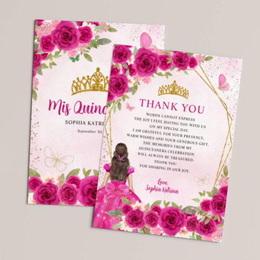 Glam Magenta Roze Goud Bloemen Prinses Quinceañera Bedankkaart