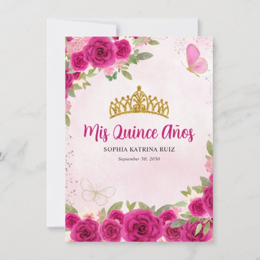 Glam Magenta Roze Goud Bloemen Prinses Quinceañera Bedankkaart (Achterkant)