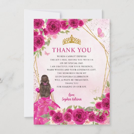 Glam Magenta Roze Goud Bloemen Prinses Quinceañera Bedankkaart (Voorkant)
