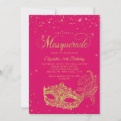 Glam Magenta Roze Goud Glitter Masquerade Verjaard Kaart (Voorkant)