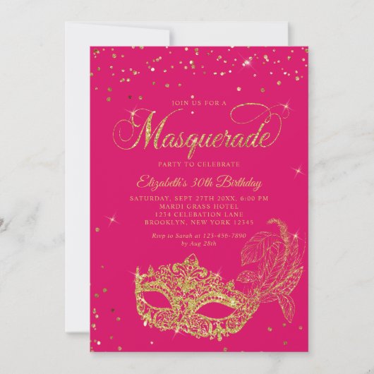 Glam Magenta Roze Goud Glitter Masquerade Verjaard Kaart (Voorkant)