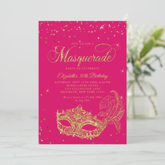 Glam Magenta Roze Goud Glitter Masquerade Verjaard Kaart (Staand voorkant)