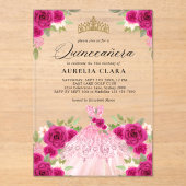 Glam Magenta Roze Jurk Bloemen 15e Quinceañera Acryl Uitnodigingen (Voorkant)