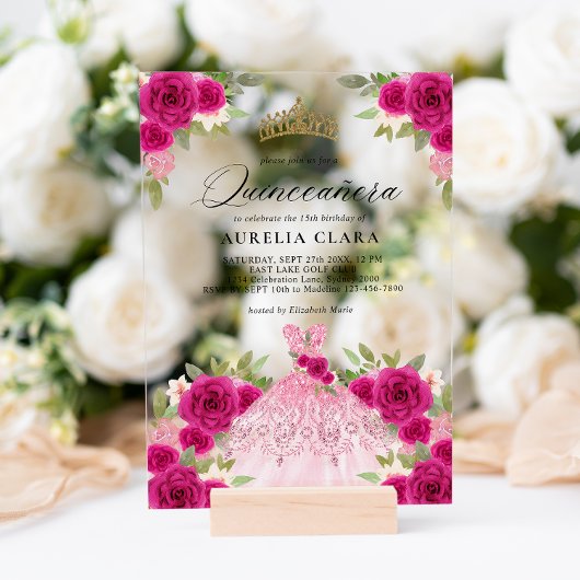 Glam Magenta Roze Jurk Bloemen 15e Quinceañera Acryl Uitnodigingen