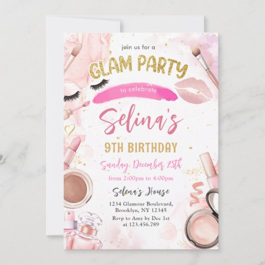 Glam Make-up Girl Verjaardagsfeest Pink Spa Party Kaart (Voorkant)