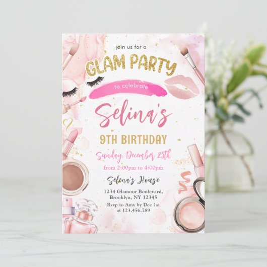 Glam Make-up Girl Verjaardagsfeest Pink Spa Party Kaart (Staand voorkant)