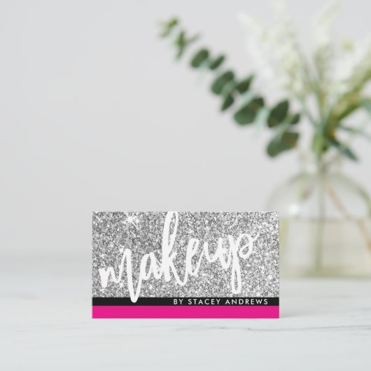 GLAM MAKE-UP penseelscript zilver glitter roze zwa Visitekaartje (Staand voorkant)