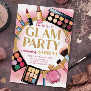 Glam Make-up verjaardagsfeestje Blush Pink folie I Folie Uitnodiging
