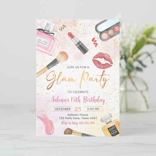 Glam make-up verjaardagsfeestje Spa Party Uitnodig Kaart (Staand voorkant)