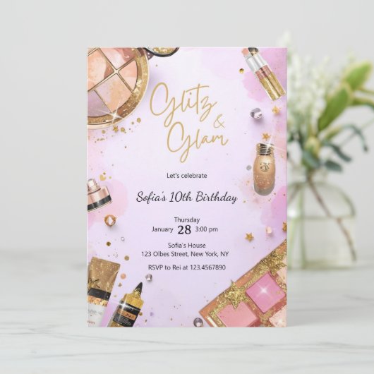 Glam Makeup Birthday Party Blush Pink Spa Party Kaart (Staand voorkant)