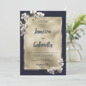 Glam marine blauw goud wit orchidee bloem bruiloft kaart (Staand voorkant)