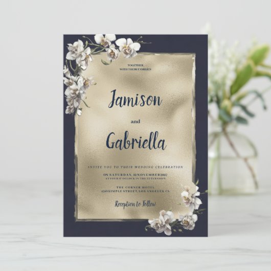 Glam marine blauw goud wit orchidee bloem bruiloft kaart (Staand voorkant)