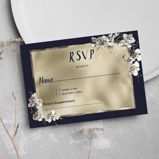 Glam marine blauw goud wit orchidee bloem RSVP Kaart