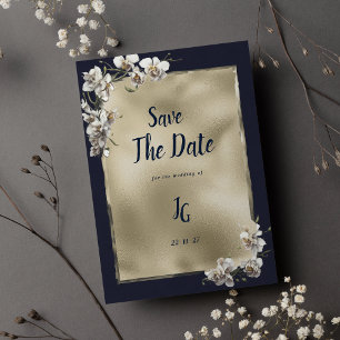 Glam marine blauw goud wit orchidee Save The Date Kaart