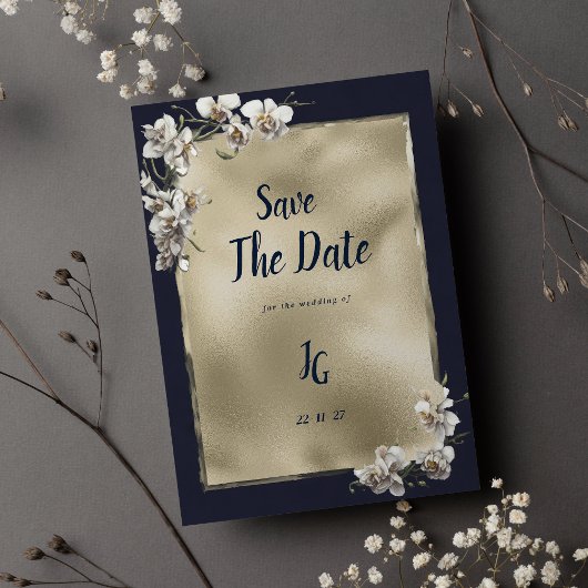 Glam marine blauw goud wit orchidee Save The Date Kaart