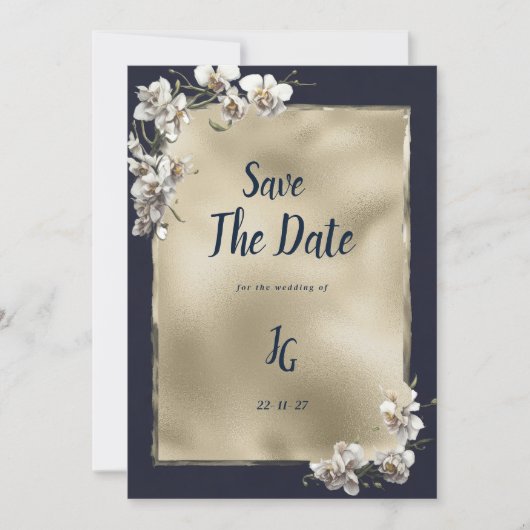 Glam marine blauw goud wit orchidee Save The Date Kaart (Voorkant)