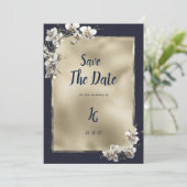 Glam marine blauw goud wit orchidee Save The Date Kaart (Staand voorkant)