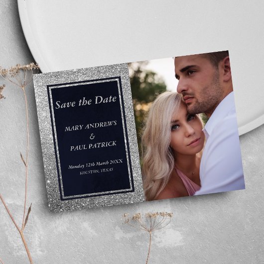 Glam marine blauw zilver glitter foto Save The Dat Save The Date