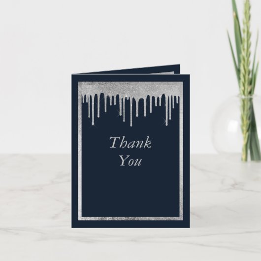 Glam marineblauw zilveren glitter druppels 50e ver bedankkaart (Voorkant)