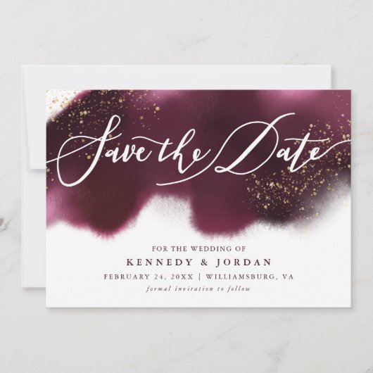 Glam Maroon en Gold Glitter Save The Date (Voorkant)