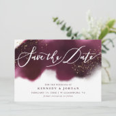 Glam Maroon en Gold Glitter Save The Date (Staand voorkant)