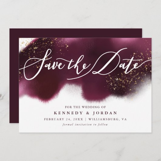 Glam Maroon en Gold Glitter Save The Date (Voorkant / Achterkant)
