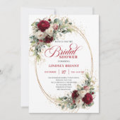 Glam Maroon White Roses Gold Bridal Shower Invite Kaart (Voorkant)