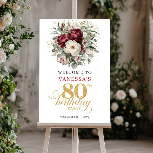 Glam Marsala Bloemen 80e Verjaardag Welkom Poster