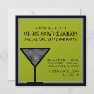 Glam Martini New Year's Invite, Olive Kaart