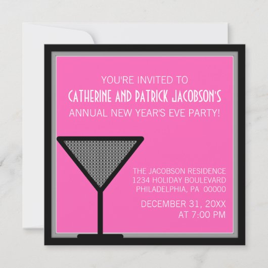 Glam Martini New Year's Invite, Pink Kaart (Voorkant)