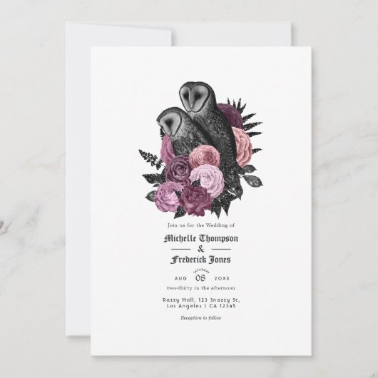  Glam Mauve Owls Gothic Wedding QR Code Kaart (Voorkant)