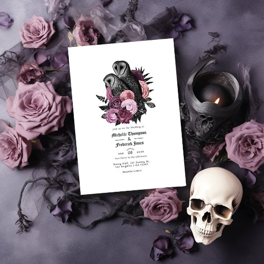 Glam Mauve Owls Gothic Wedding QR Code Kaart