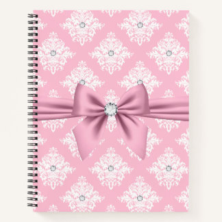 Glam Mauve Roze Bow Diamonds Wit Damast Notitieboek