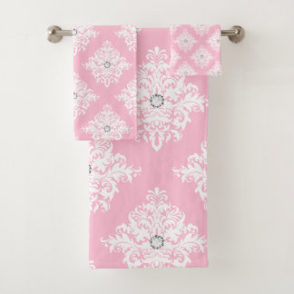 Glam Mauve roze diamanten wit damast Bad Handdoek