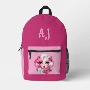 Glam Meisje met Roze Haar & Rozen Initialen Bedrukte Rugzak