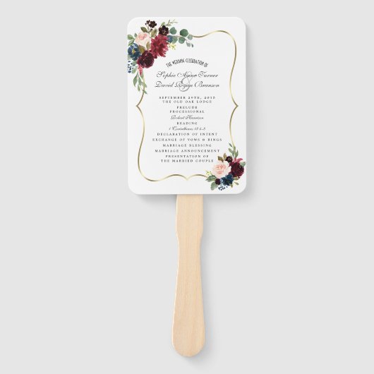 Glam Merlot Navy Blue Floral Wedding Programme Handwaaier (Voorkant)