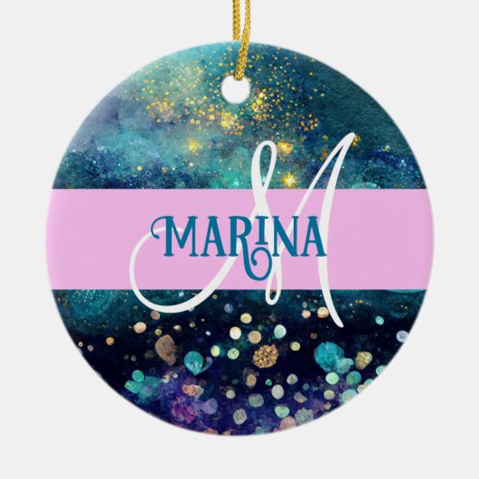 Glam Mermaid Aqua Gold Glitter Sparkles Monogram Keramisch Ornament (Voorkant)