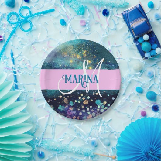 Glam Mermaid Aqua Gold Glitter Sparkles Monogram Papieren Bordje (Feest)